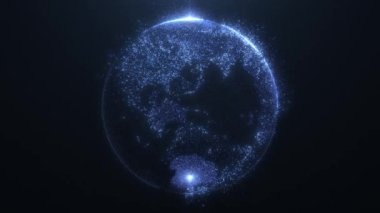 Uzayda dönen mavi parçacıklardan oluşan parlayan dijital dünya, büyük veriler, dijital bulutlar. Küresel ağ bağlantısı ve veri bağlantı kavramı. İletişim teknolojisi küresel dünya ağı.