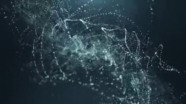 Parlayan noktalar ve çizgilerle soyut akan parçacık alanı dinamik dalgalar oluşturur, veri akışlarını, dijital ağları ve gelecekteki hareketi sembolize eder. Kusursuz döngü.