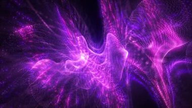Pembe ve mor parçacık dalgaları karanlık bir alanda kıvrılarak, pürüzsüz hareket ve fütüristik derinlikle soyut bir enerji alanı oluşturur. Kusursuz döngü