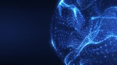 Küresel ağı, veri akışını, teknolojiyi ve dünya çapında gelecekteki iletişimi sembolize eden bağlı nokta ve çizgilerden oluşan parlayan mavi dijital küre.