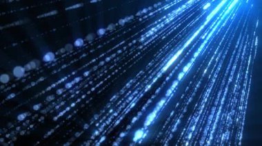 Karanlık uzayda ışık huzmesi gibi parlayan mavi parçacıklar soyut dijital hareket arkaplanı veri akışını, hızı, enerjiyi ve teknolojiyi simgeliyor. Kusursuz döngü