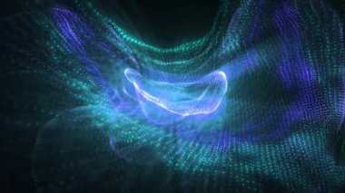 Mavi ve gök mavisi renkte soyut akan parçacık dalgaları ışık ve veriden oluşan parlayan bir girdap oluşturur. Fütürist dijital hareket arkaplanı. Kusursuz döngü