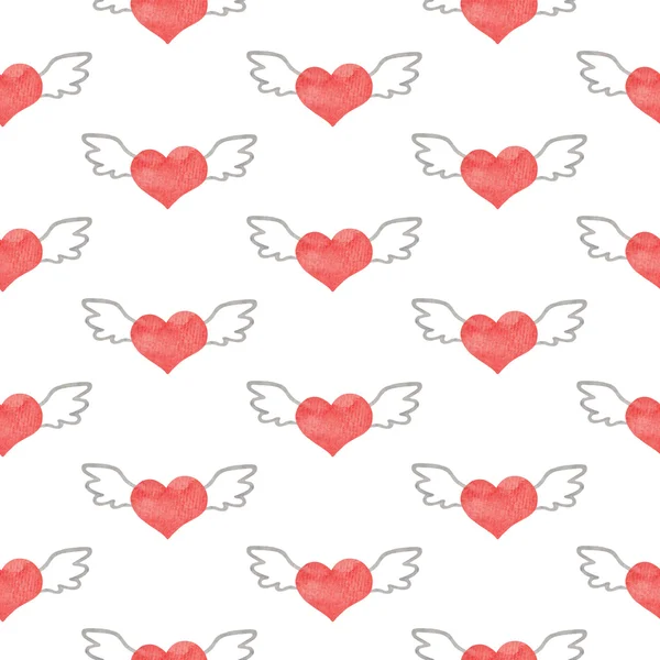 Bezešvé Valentýna akvarel srdce s křídly — Stock fotografie