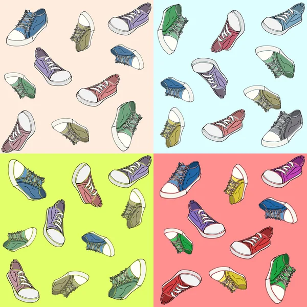 Conjunto de patrones sin costura de colores con zapatillas de deporte — Vector de stock