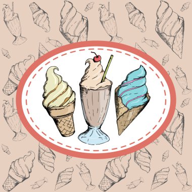 Retro set of three kinds of ice cream and seamless pattern clipart