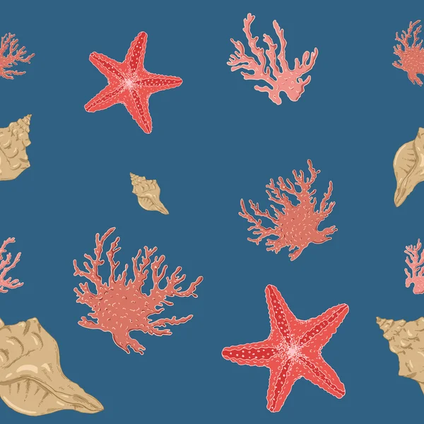 Patrón sin costuras con estrellas de mar, corales y conchas de mar — Archivo Imágenes Vectoriales