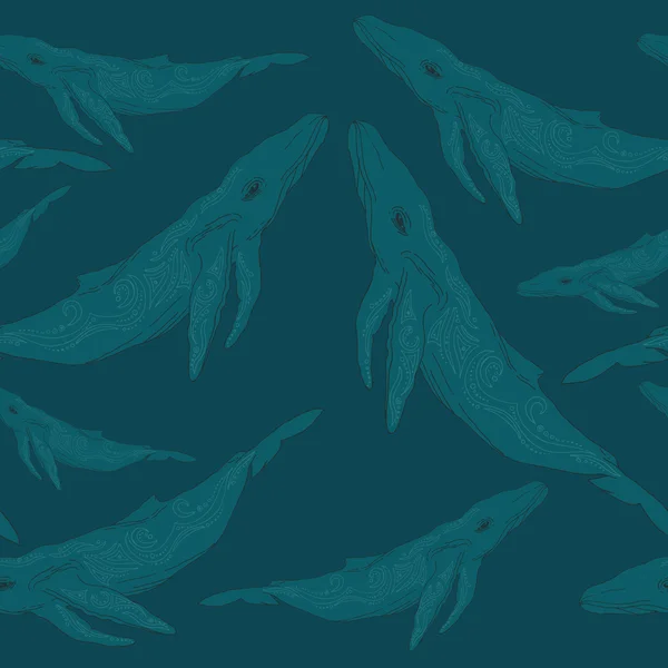 Бесшовный узор с бирюзовыми китами и орнаментами на них — стоковый вектор