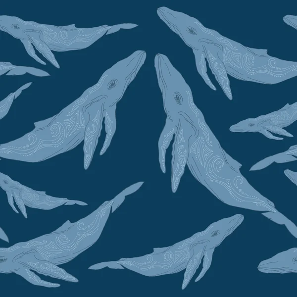 Безшовний візерунок з синіми китами та прикрасами — стоковий вектор