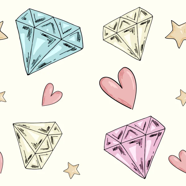 Patrón de glamour sin costuras con corazones, estrellas y diamantes — Vector de stock