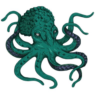 Giant green octopus with purple tentacles clipart