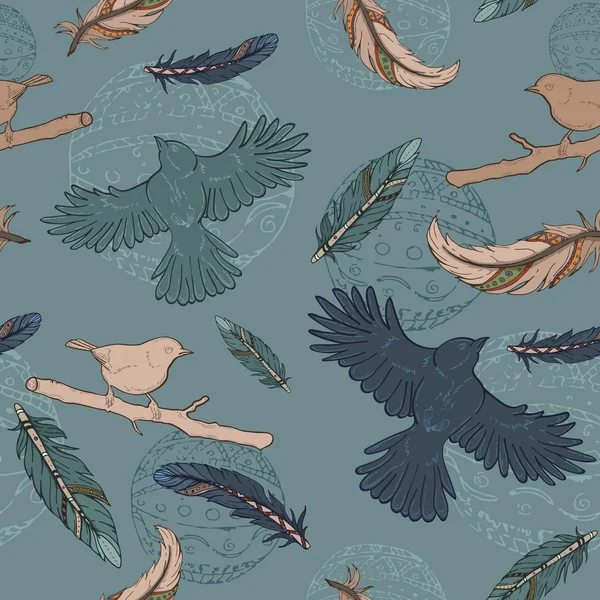 Modèle sans couture avec plumes, oiseaux et ornements — Image vectorielle