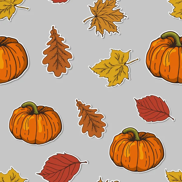 Motif sans couture avec feuilles d'automne et citrouilles — Image vectorielle