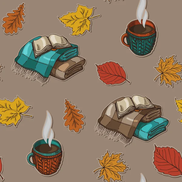 Χωρίς ραφή πρότυπο με το φθινόπωρο φύλλα, ένα φλιτζάνι τσάι και μια ζεστή κουβέρτα με βιβλίο — Διανυσματικό Αρχείο