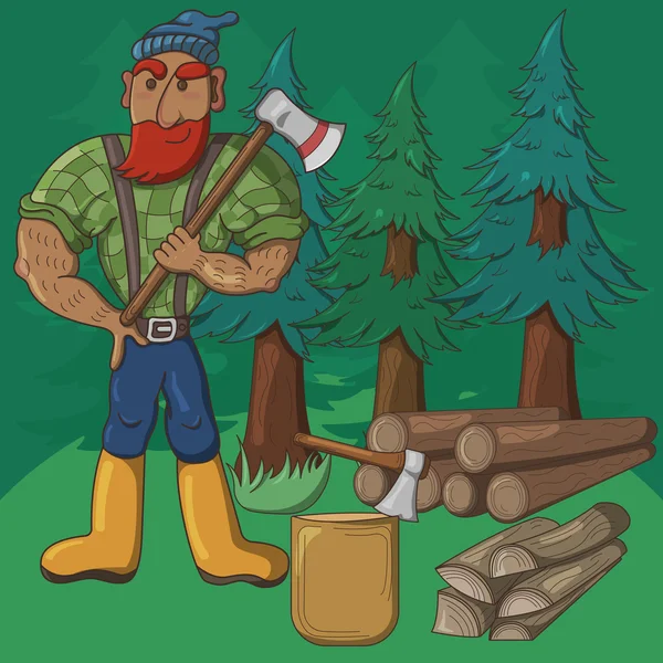 Set of illustrations with a lumberjack, ax and logs — Stock Vector
