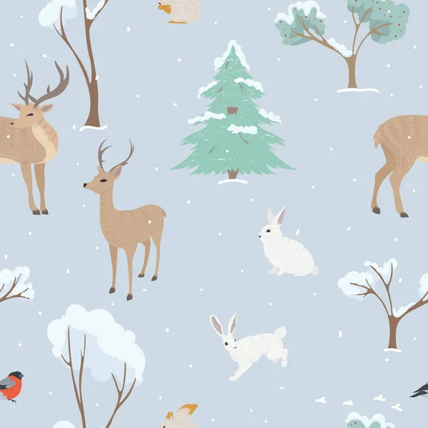 Zimowy Bezszwowy Wzór Zwierzętami Lesie — Wektor stockowy