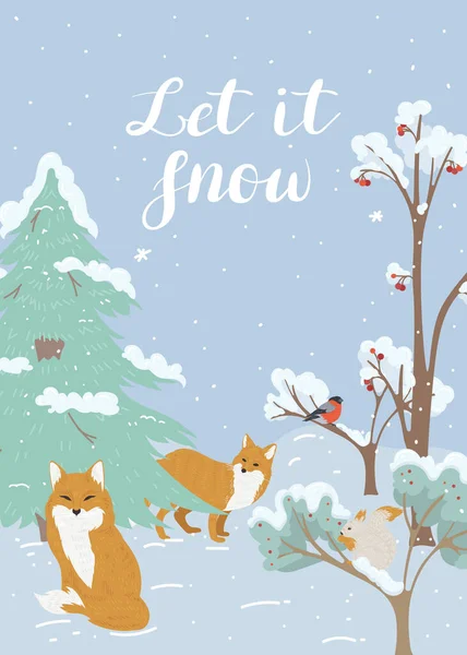 Sněží Karta Zimním Lesem Lesními Zvířaty — Stockový vektor