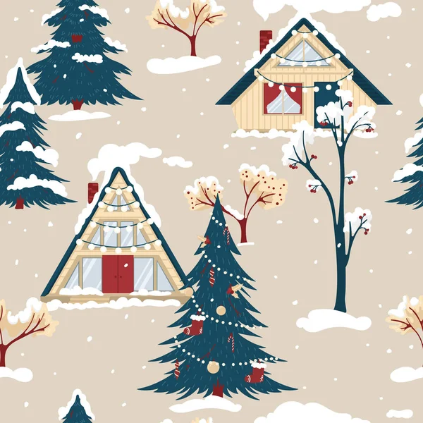 Modèle Noël Sans Couture Avec Forêt Village — Image vectorielle