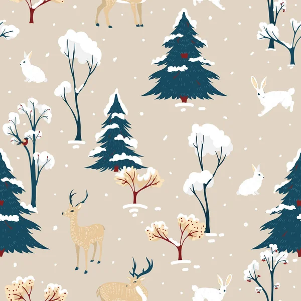 Zimowy Bezszwowy Wzór Zwierzętami Lesie — Wektor stockowy