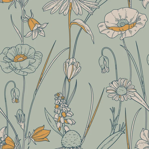 Sömlöst Mönster Med Vilda Blommor Trendiga Färger Vektorgrafik