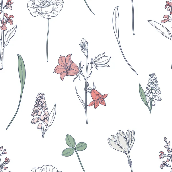 白い背景に野の花が描かれたシームレスなパターン ストックイラスト