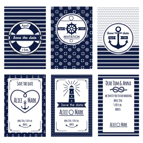 Set of nautical and marine wedding invitation — Stockvector