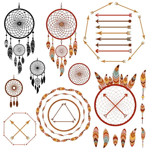 Coleção tribal desenhada à mão com flechas, penas, apanhador de sonhos —  Vetores de Stock
