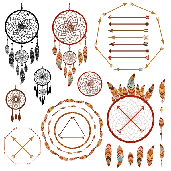 Oklar, tüyler, dreamcatcher ile el çizilmiş kabile koleksiyonu