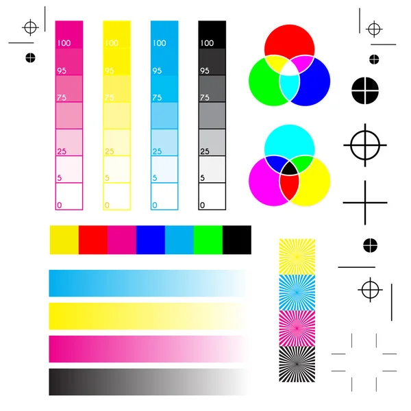 Nyomtatási jelek: nyomtatás, vágás és kalibrálás — Stock Vector