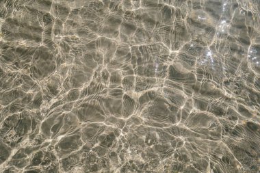 Güneş ışığıyla aydınlanan temiz su sığ ve kumlu bir kıyıda, hafif dalgalanmalar ılık ışığı yansıtıyor.