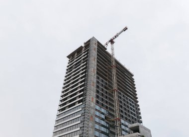 Gri, bulutlu gökyüzünün altında bir kule vinci bulunan yüksek katlı, monolitik bir yapı inşa ediliyor.
