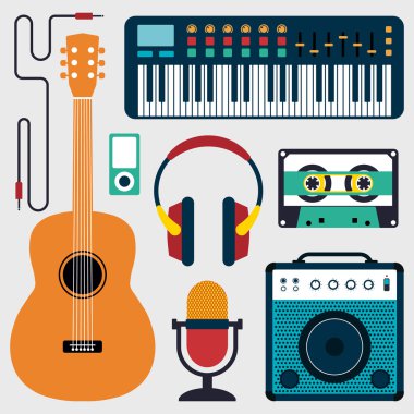 Müzik aletleri ve ses düz tasarımı vektör çizim koleksiyonu