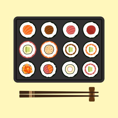 Suşi dizi Japon mutfağı düz tasarım vektör çizim rulolar