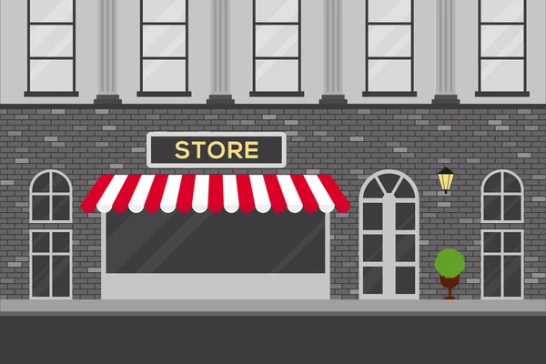 Escena urbana con ilustración vectorial de diseño plano edificio tienda — Vector de stock