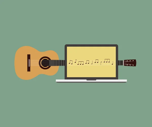 Acoustic guitar melody laptop flat design vector illustration — Stock Vector