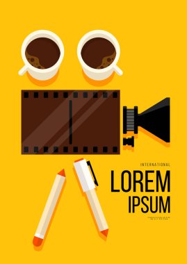 Film ve film afişi tasarım şablonu, film şeridi, kahve fincanı, kırtasiye malzemesi. Arkaplan, pankart, broşür, broşür, broşür, broşür, baskı, yayın, vektör illüstrasyonu için kullanılabilir