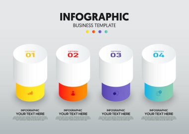Modern bilgi işi şablonu ve 4 seçenekli veri görselleştirmesi. Tasarım ögesi iş akışı, bilgi tasarımı, iletişim, istatistiksel grafik, vektör illüstrasyonu için kullanılabilir