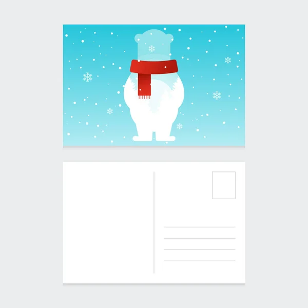冬の風景フラットデザインとホッキョクグマ ベクトルイラストとメリークリスマスと幸せな新年のポストカードデザインテンプレートの背景装飾 — ストックベクタ