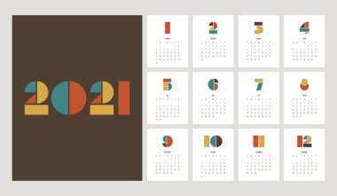 Takvim 2021 tasarım şablonu geometrik tipografik şekilli, vektör illüstrasyonlu