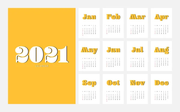 2021 Calendario Diseño Plantilla Semana Comienza Domingo Estilo Mínimo Ilustración — Vector de stock