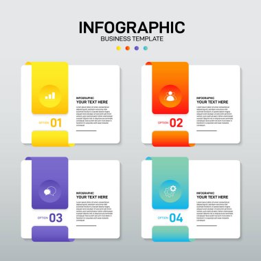 Modern bilgi işi şablonu ve 4 seçenekli veri görselleştirmesi. Tasarım ögesi iş akışı, bilgi tasarımı, iletişim, istatistiksel grafik, vektör illüstrasyonu için kullanılabilir