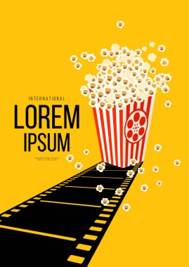 Sinema ve film poster tasarımı arka planı retro film şeridi ve patlamış mısırla. Arkaplan, pankart, broşür, broşür, broşür, broşür, baskı, yayın, vektör illüstrasyonu için kullanılabilir