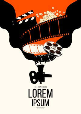 Film ve film afiş tasarım şablonu ve klasik film makarası. Arkaplan, pankart, broşür, broşür, broşür, broşür, baskı, yayın, vektör illüstrasyonu için kullanılabilir