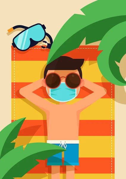 Covid 19流行中の新しい通常のライフスタイルと安全な旅行のコンセプトは ビーチでリラックスした観光客の顔マスクを身に着けているコロナウイルス装飾の流行を制限するために ベクトルイラスト — ストックベクタ