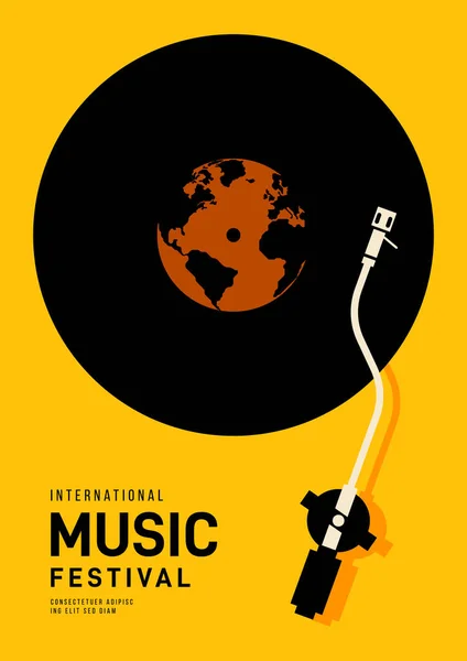 Musik Festival Plakatdesign Vorlage Hintergrund Mit Weltkarte Und Schallplatte Design — Stockvektor