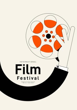 Film ve film afiş tasarım şablonu ve klasik film makarası. Arkaplan, pankart, broşür, broşür, broşür, broşür, baskı, yayın, vektör illüstrasyonu için kullanılabilir
