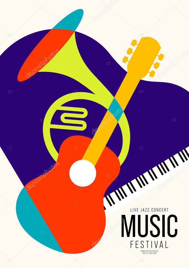 Music poster design template background decorative with guitar, french horn, piano. Design element template can be used for banner, backdrop, brochure, leaflet, print, publication, vector illustration