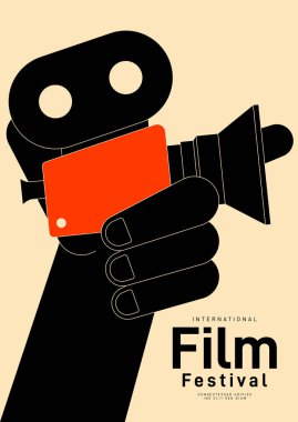 Film festivali poster tasarım şablonu ve klasik film kamerası. Arkaplan, pankart, broşür, broşür, broşür, broşür, baskı, yayın, vektör illüstrasyonu için kullanılabilir