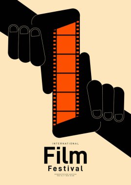 Film festivali poster tasarım şablonu ve klasik film şeridi. Arkaplan, pankart, broşür, broşür, broşür, broşür, baskı, yayın, vektör illüstrasyonu için kullanılabilir