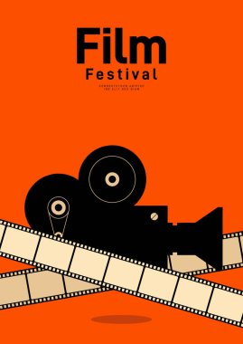 Film afişi tasarım şablonu, retro film kamerası ve film şeridiyle. Arkaplan, pankart, broşür, broşür, broşür, broşür, baskı, yayın, vektör illüstrasyonu için kullanılabilir