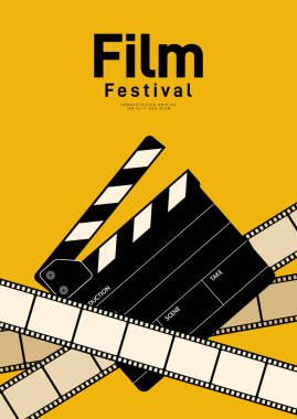 Film ve film afişi tasarım şablonu, film tahtası ve film şeridi ile. Arkaplan, pankart, broşür, broşür, broşür, broşür, baskı, yayın, vektör illüstrasyonu için kullanılabilir